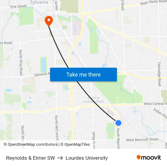 Reynolds & Elmer SW to Lourdes University map