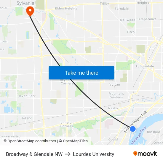 Broadway & Glendale NW to Lourdes University map