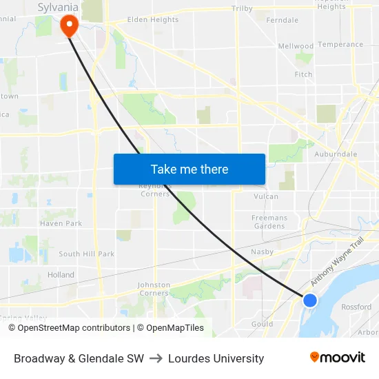 Broadway & Glendale SW to Lourdes University map