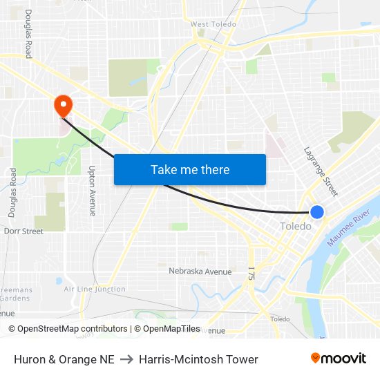 Huron & Orange NE to Harris-Mcintosh Tower map