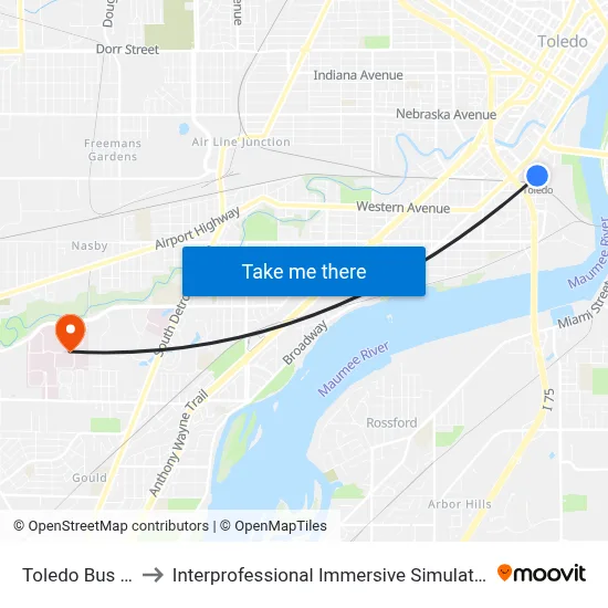 Toledo Bus Stop to Interprofessional Immersive Simulation Center map