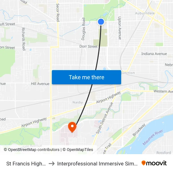 St Francis High School to Interprofessional Immersive Simulation Center map