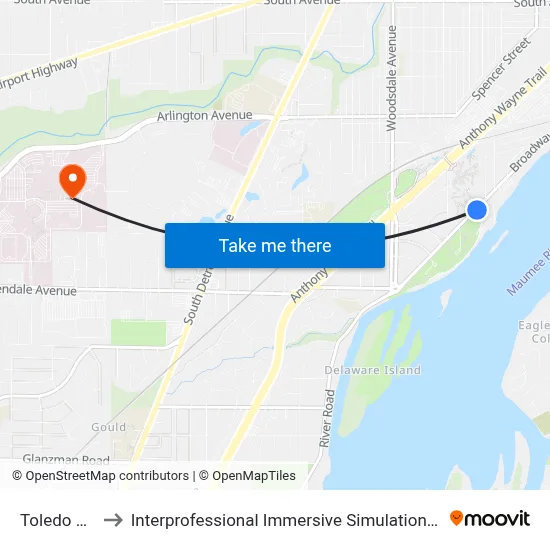 Toledo Zoo to Interprofessional Immersive Simulation Center map