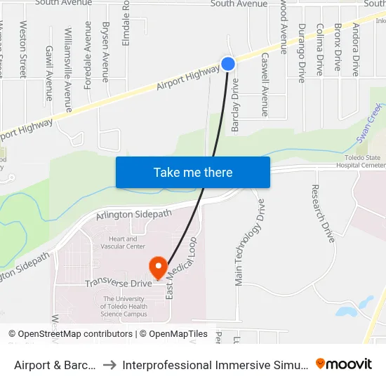 Airport & Barclay SW to Interprofessional Immersive Simulation Center map