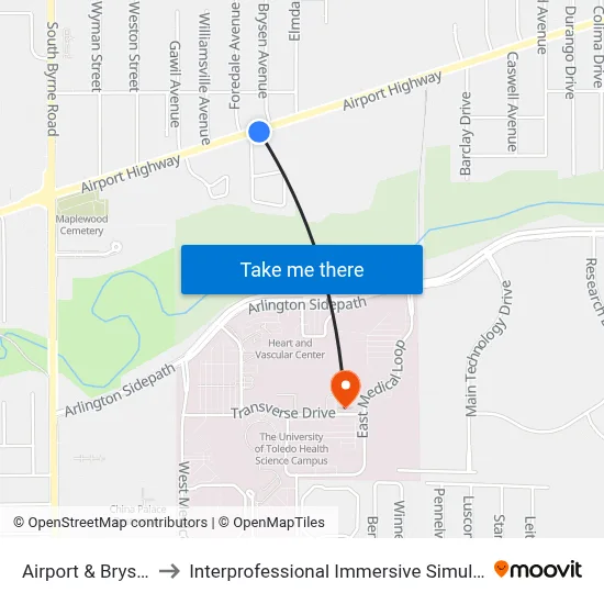 Airport & Brysen SW to Interprofessional Immersive Simulation Center map