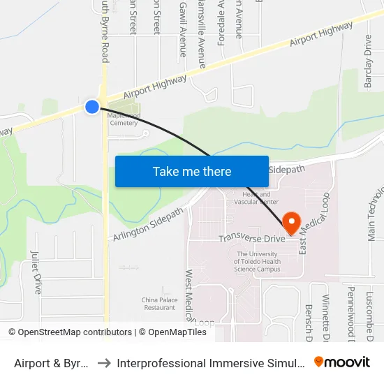 Airport & Byrne SW to Interprofessional Immersive Simulation Center map