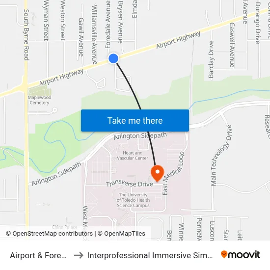 Airport & Foredale NE to Interprofessional Immersive Simulation Center map