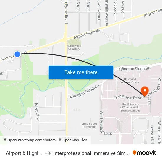 Airport & Highland NW to Interprofessional Immersive Simulation Center map