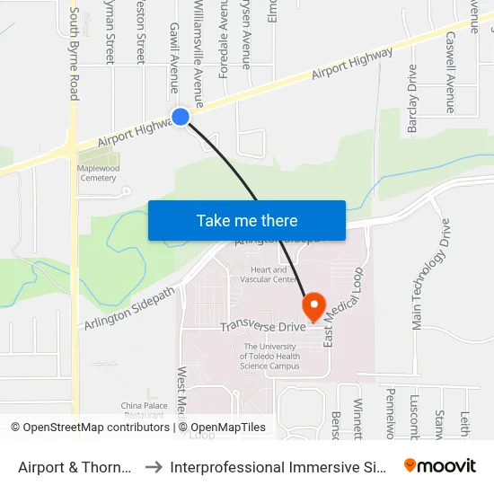 Airport & Thornwood SW to Interprofessional Immersive Simulation Center map