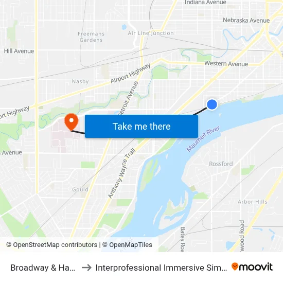 Broadway & Hawley SW to Interprofessional Immersive Simulation Center map