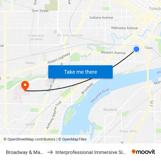 Broadway & Maumee NE to Interprofessional Immersive Simulation Center map
