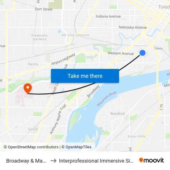 Broadway & Maumee SW to Interprofessional Immersive Simulation Center map