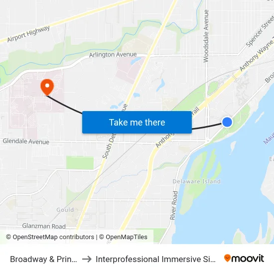 Broadway & Princeton NE to Interprofessional Immersive Simulation Center map