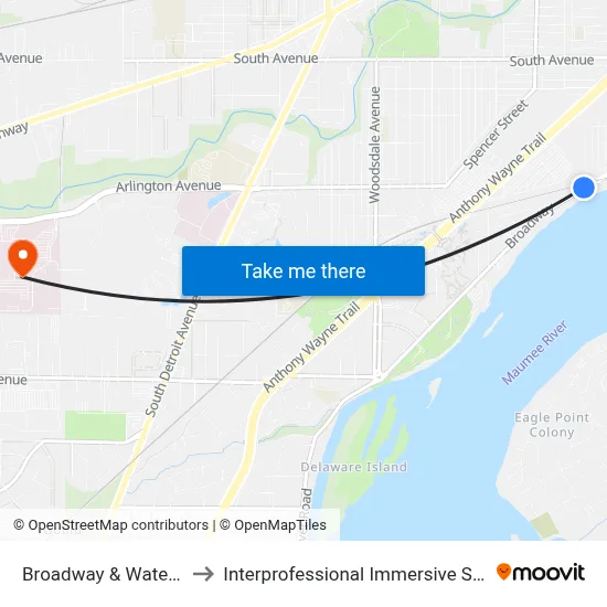 Broadway & Waterworks NW to Interprofessional Immersive Simulation Center map