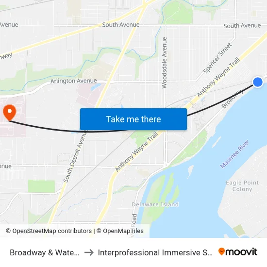 Broadway & Waterworks SW to Interprofessional Immersive Simulation Center map