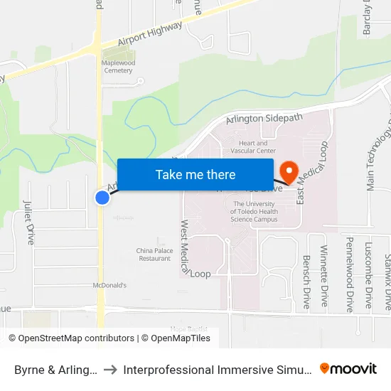 Byrne & Arlington SE to Interprofessional Immersive Simulation Center map