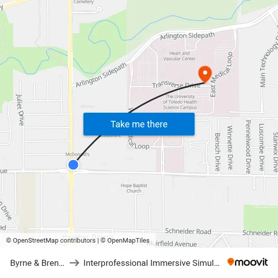 Byrne & Brenda SE to Interprofessional Immersive Simulation Center map