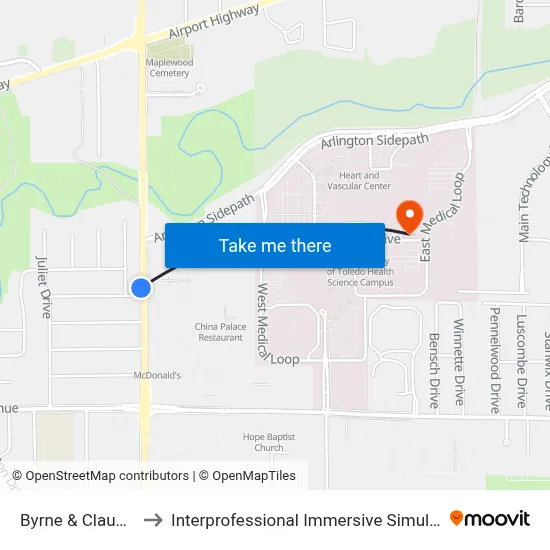 Byrne & Claudia NW to Interprofessional Immersive Simulation Center map