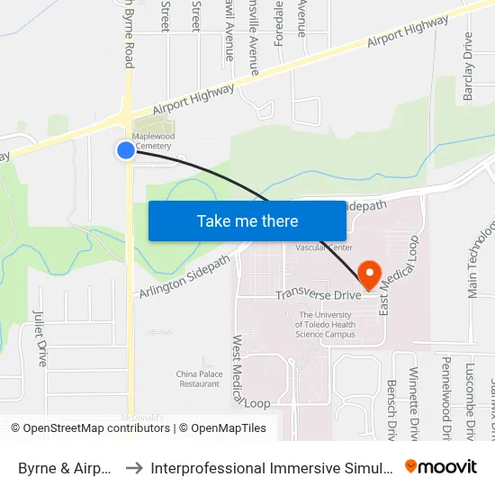 Byrne & Airport SW to Interprofessional Immersive Simulation Center map