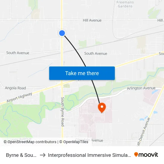 Byrne & South NE to Interprofessional Immersive Simulation Center map