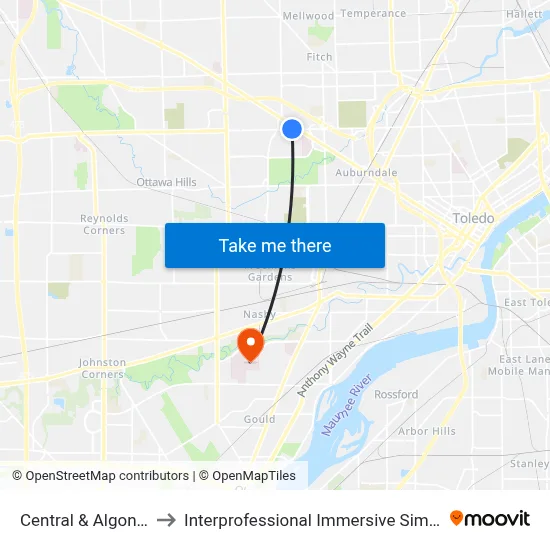 Central & Algonquin NE to Interprofessional Immersive Simulation Center map
