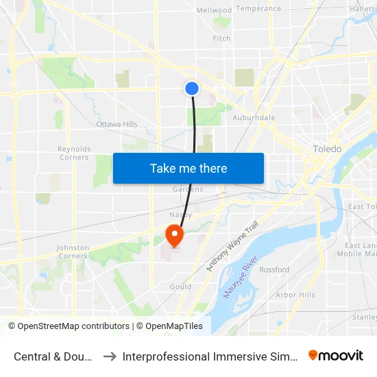 Central & Douglas SW to Interprofessional Immersive Simulation Center map