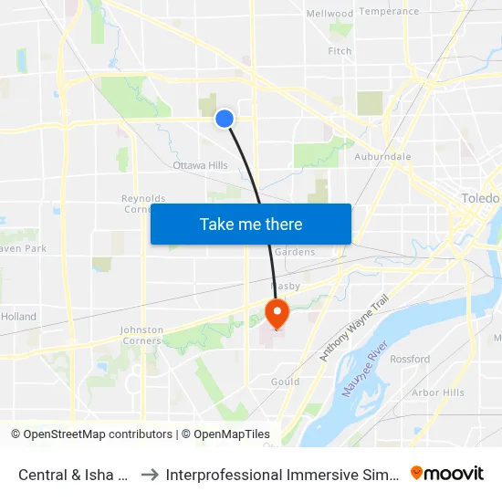 Central & Isha Laye NE to Interprofessional Immersive Simulation Center map