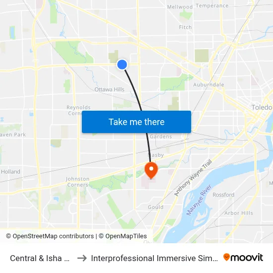 Central & Isha Laye SW to Interprofessional Immersive Simulation Center map