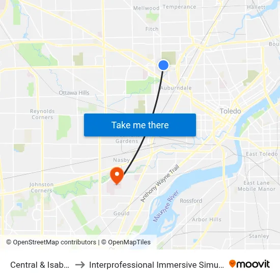 Central & Isabella NE to Interprofessional Immersive Simulation Center map