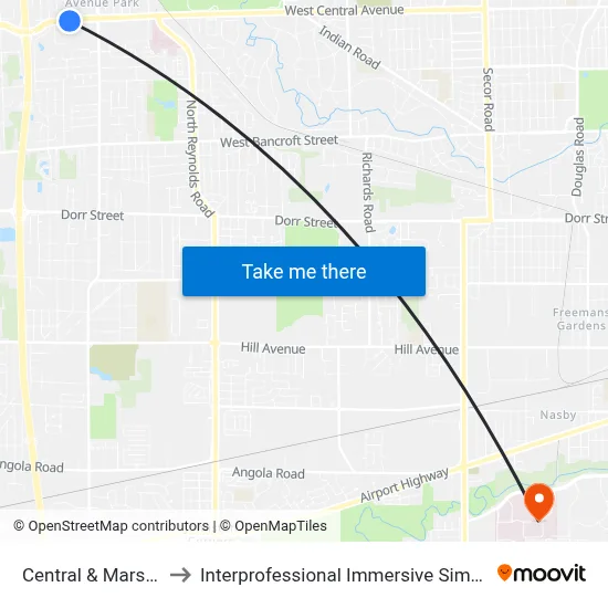 Central & Marsrow SW to Interprofessional Immersive Simulation Center map