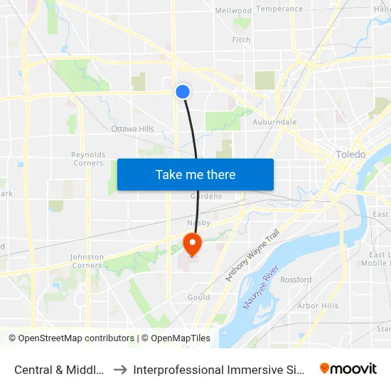Central & Middlesex NW to Interprofessional Immersive Simulation Center map