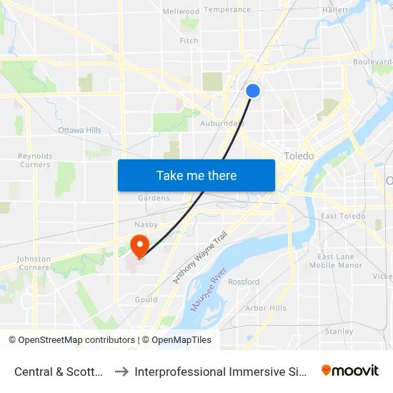 Central & Scottwood SW to Interprofessional Immersive Simulation Center map