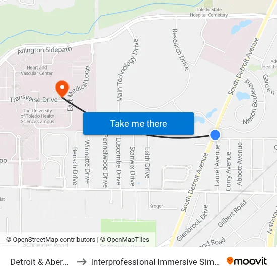 Detroit & Aberdeen NE to Interprofessional Immersive Simulation Center map
