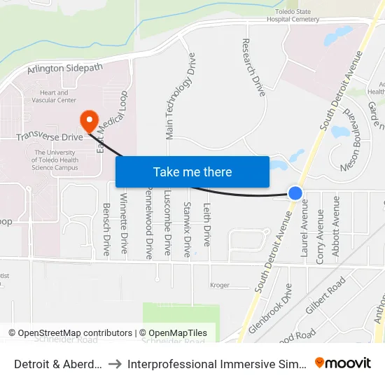 Detroit & Aberdeen SW to Interprofessional Immersive Simulation Center map