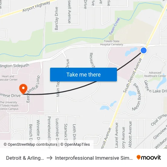 Detroit & Arlington NW to Interprofessional Immersive Simulation Center map