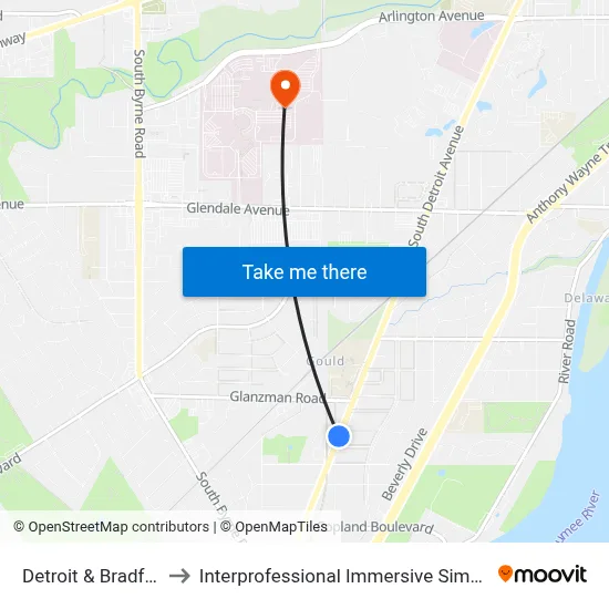 Detroit & Bradford NW to Interprofessional Immersive Simulation Center map