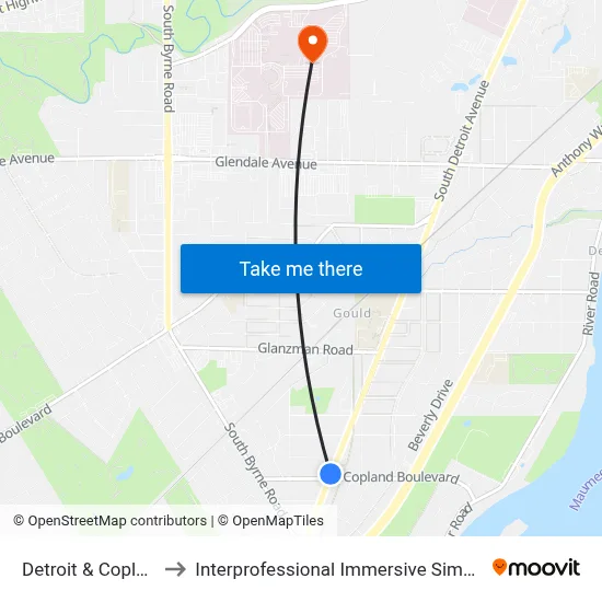 Detroit & Copland NW to Interprofessional Immersive Simulation Center map