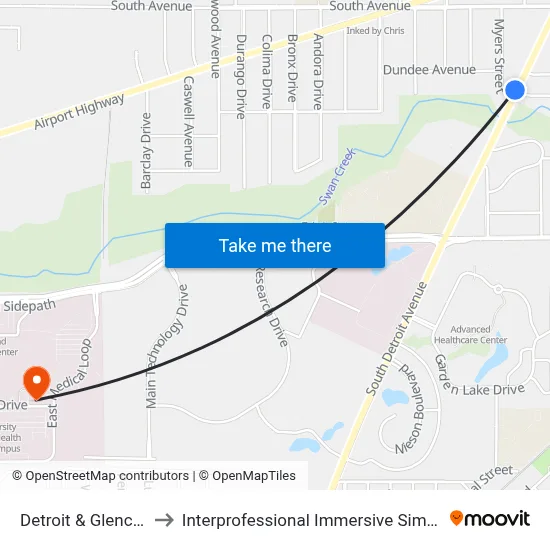 Detroit & Glencove NW to Interprofessional Immersive Simulation Center map