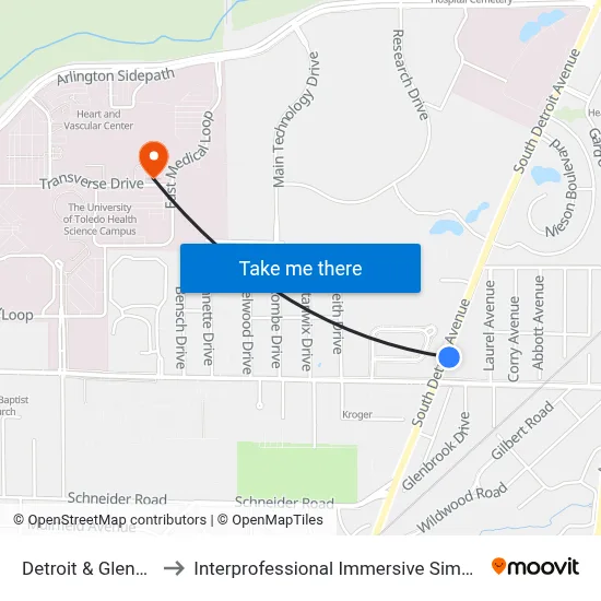 Detroit & Glendale NE to Interprofessional Immersive Simulation Center map