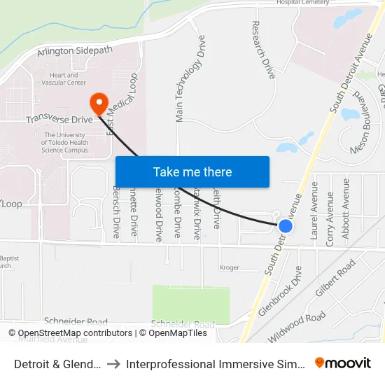 Detroit & Glendale NW to Interprofessional Immersive Simulation Center map