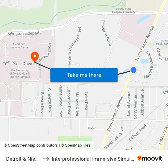 Detroit & Nieson SE to Interprofessional Immersive Simulation Center map