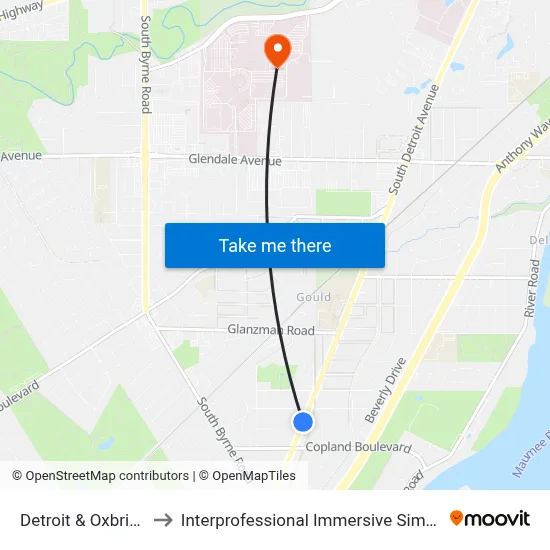 Detroit & Oxbridge NW to Interprofessional Immersive Simulation Center map
