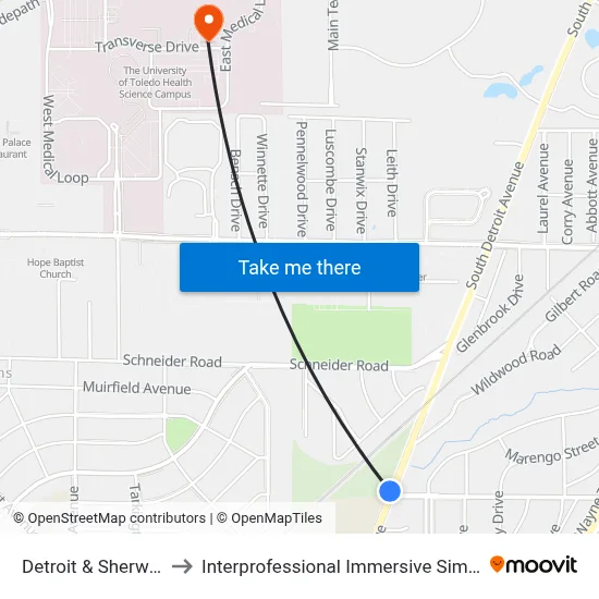 Detroit & Sherwood NW to Interprofessional Immersive Simulation Center map