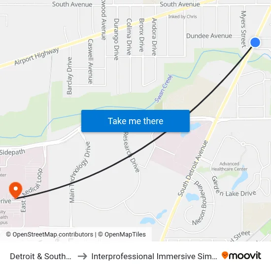 Detroit & Southmoor SE to Interprofessional Immersive Simulation Center map