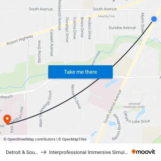 Detroit & South SW to Interprofessional Immersive Simulation Center map