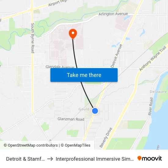 Detroit & Stamford NW to Interprofessional Immersive Simulation Center map