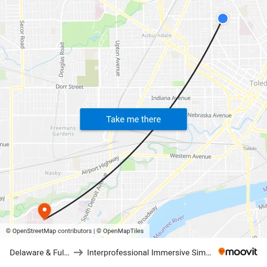 Delaware & Fulton SW to Interprofessional Immersive Simulation Center map