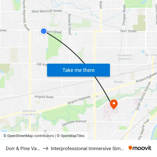 Dorr & Pine Valley SW to Interprofessional Immersive Simulation Center map