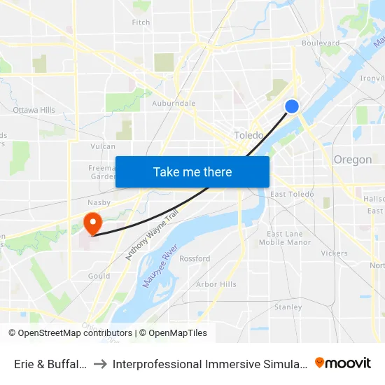 Erie & Buffalo SW to Interprofessional Immersive Simulation Center map