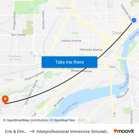 Erie & Elm SW to Interprofessional Immersive Simulation Center map